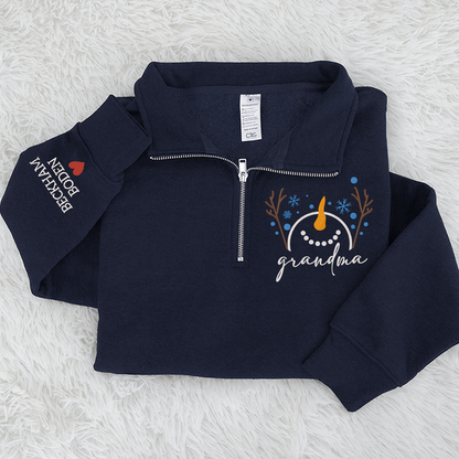 Custom Embroidered Grandma Snowman Sweatshirt And Grandkids Quarter Zip Sweater
