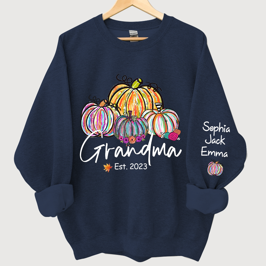 Personalized Grandma Est Painted Color Pumpkin And Grandkids Autumn Sweatshirt