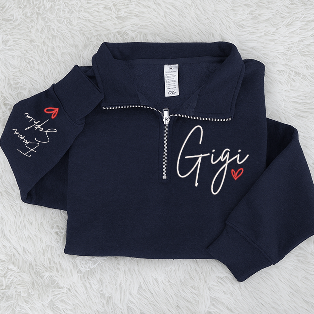 Embroidered Gigi heart Sweatshirt And Grandkids Quarter Zip Sweater