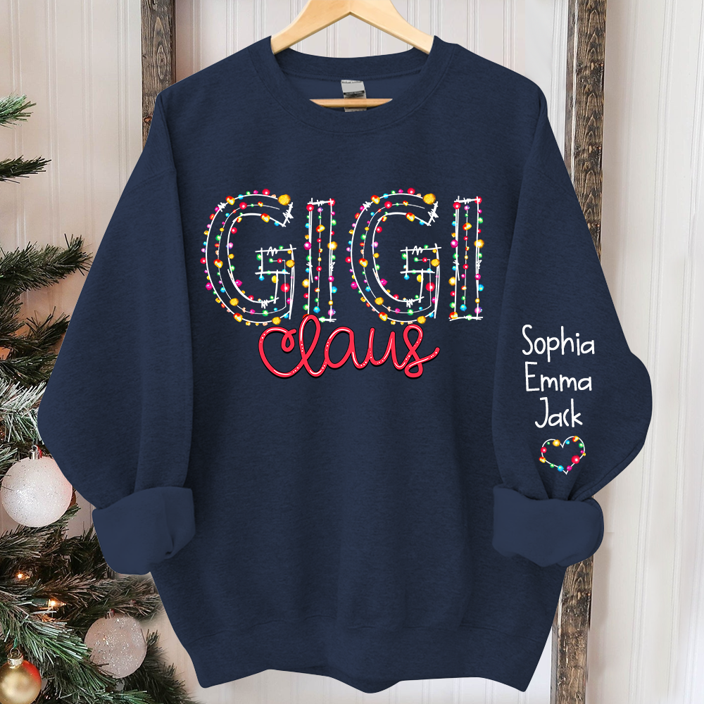 Personalized Gigi Claus Christmas lights And Grandkids Christmas Merry Sweatshirt