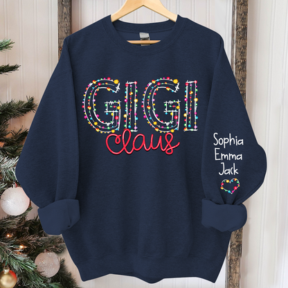 Personalized Gigi Claus Christmas lights And Grandkids Christmas Merry Sweatshirt