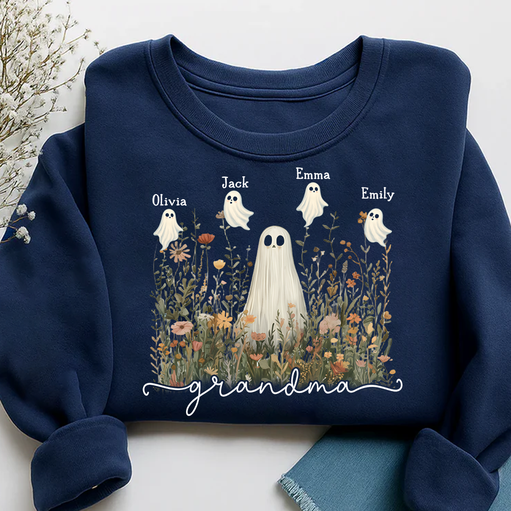 Grandma Cute Ghost in Wildflowers Halloween And Grandkids Sweatshirt