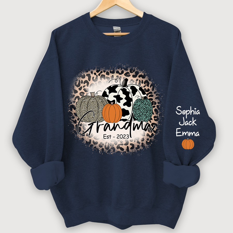 Happy Fall Leopard Pumpkin Grandma Est And Grandkids Autumn Sweatshirt