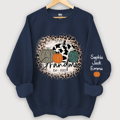 Happy Fall Leopard Pumpkin Grandma Est And Grandkids Autumn Sweatshirt