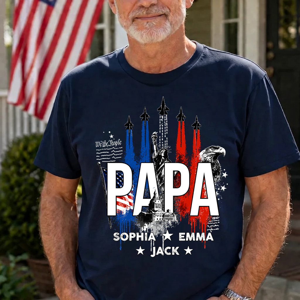 Personalized Papa Patriotic Shirt Custom Kids Names, American Flag Family Shirt Gift For Father's Day Birthday 4th of July