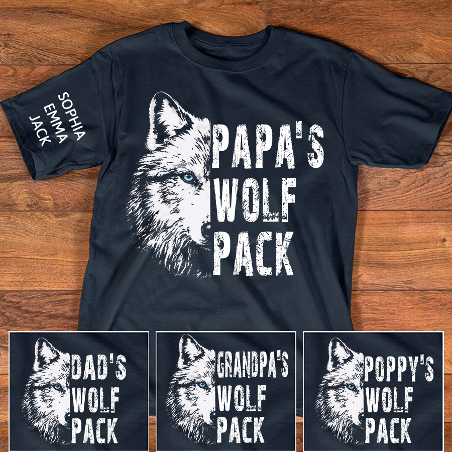 Papa's Wolf Pack Shirt, Personalized Grandpa Wolf T Shirt with Kids Names on Sleeve, Custom Papa Gift for Father's Day Birthday Tee