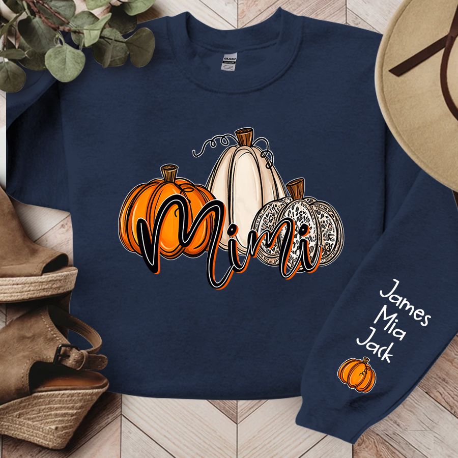 Personalized Mimi Sweatshirt With Grandkid Names On Sleeve, Custom Grandma Mimi Nana Pumpkins Autumn Sweatshirt