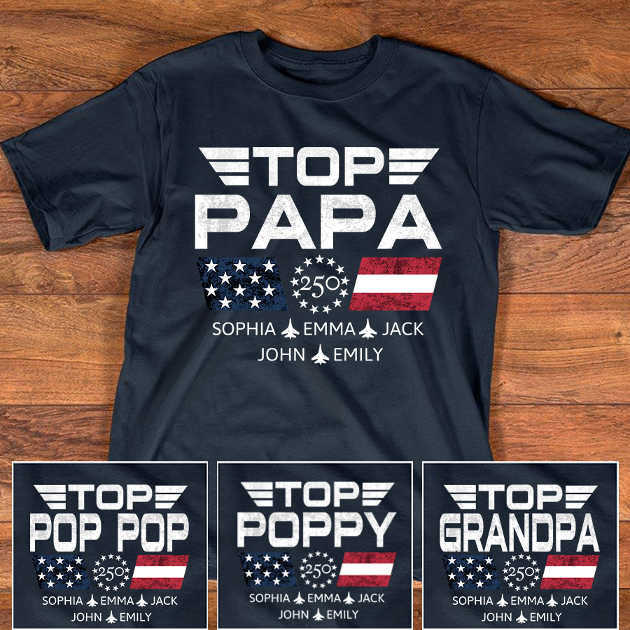 Personalized Top Papa Shirt with Custom Kids Names, Patriotic Airplane Grandpa T Shirt, U.S. 250th Anniversary Family Apparel for Fathers Day Birthday