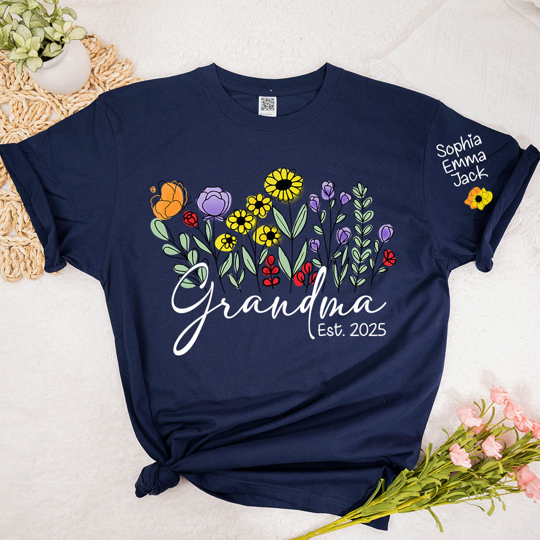Grandma Est Flower Gift For Family T shirt, Custom Grandma And Kids