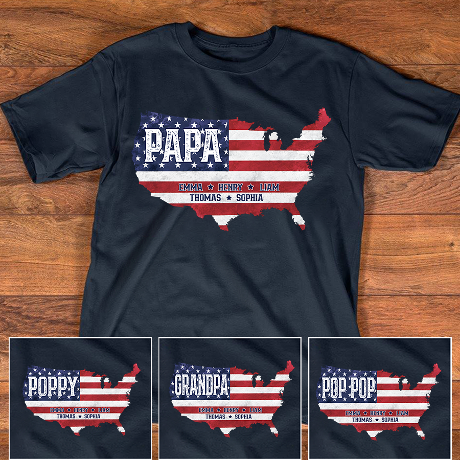 Personalized Papa American Flag Map Shirt Custom Kids Names, Patriotic Family Shirt for Dad Grandpa, Father's Day 4th of July