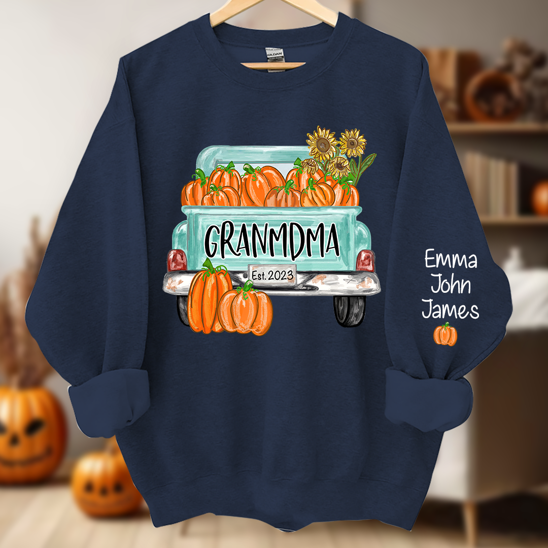 Grandma Truck with Pumpkins Flower Autumn And Grandkids Sweatshirt