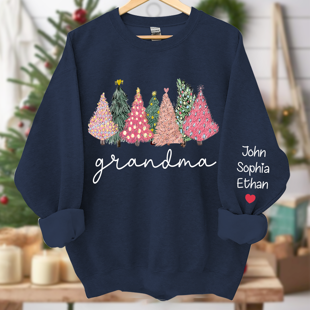Grandma Christmas trees lights snow pink green cozy winter And Grandkids Names  Sweatshirt