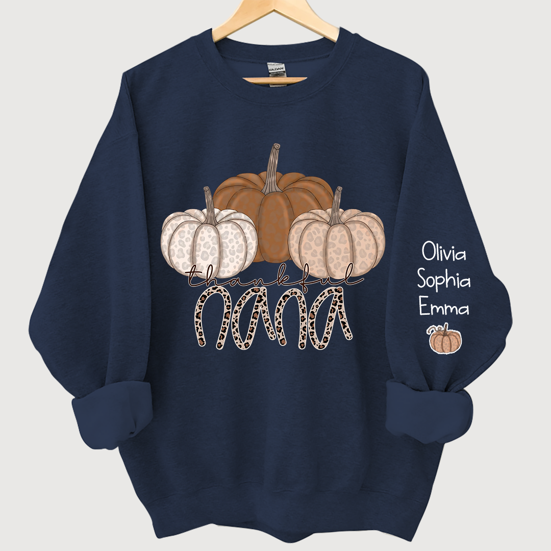 Thankful Nana Pumpkin Leopard and Grandkids on sleeve Sweatshirt