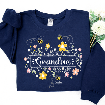 Personalized Grandma Bee Flower And Grandkids Sweatshirt