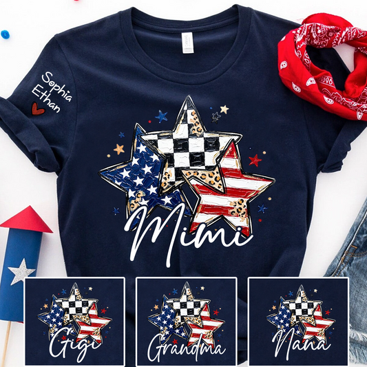 Personalized American Flag Star T-Shirt – Custom Mimi, Gigi, Nana Shirts, Fun Patriotic Gift for Grandparents, Perfect for Mother’s Day, Independence Day, and Birthdays