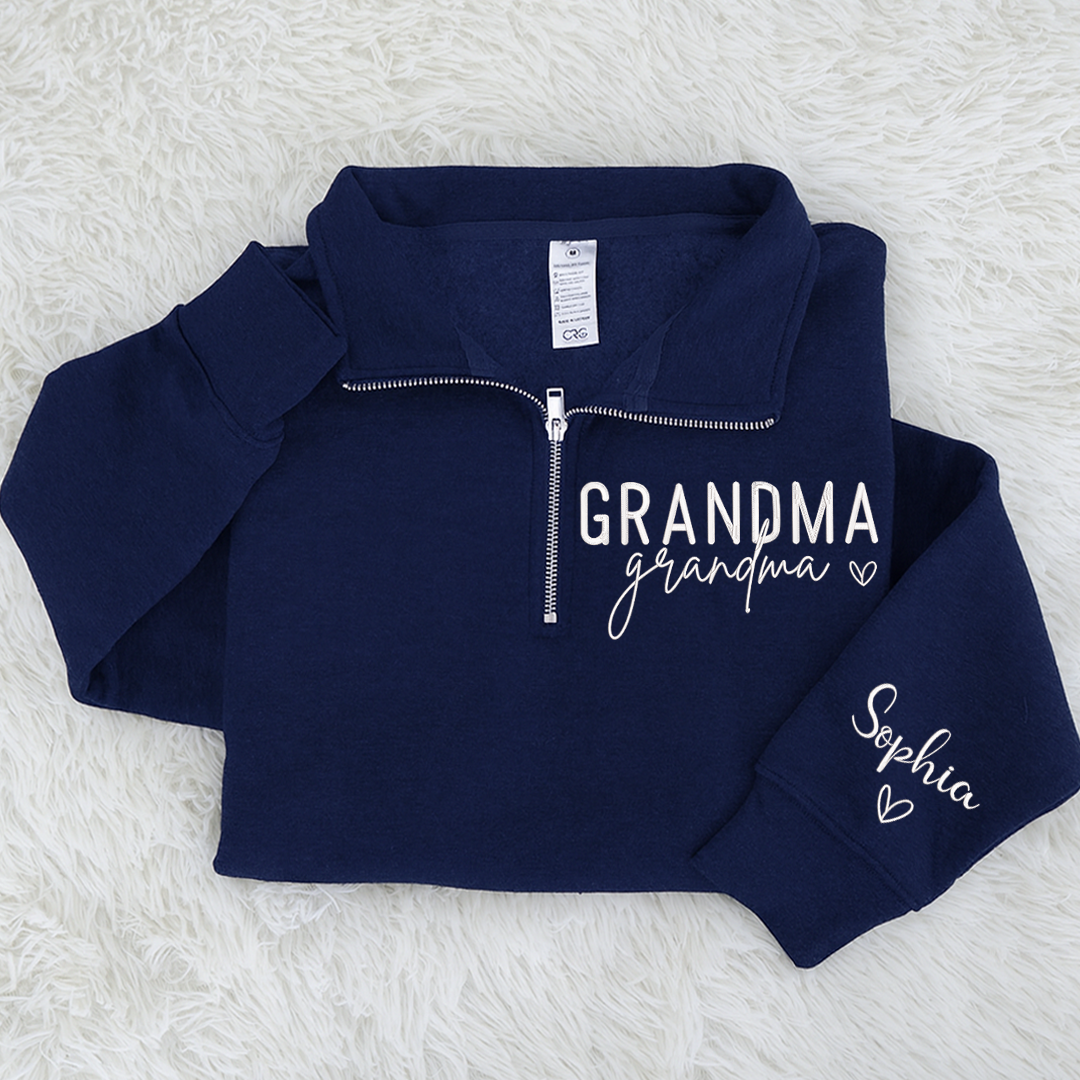 Grandma Heart Sweatshirt, Personalized Grandma And Grandkids Embroidered Quarter Zip Sweater