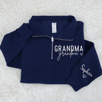 Grandma Heart Sweatshirt, Personalized Grandma And Grandkids Embroidered Quarter Zip Sweater