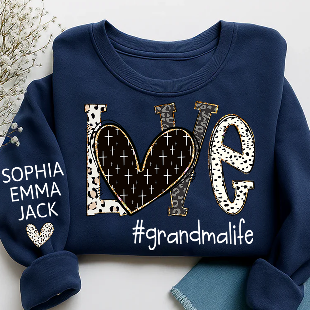 Personalized Love grandmalife Sweatshirt Bible Style Design & Custom Grandkids Names on Sleeve Sweatshirt