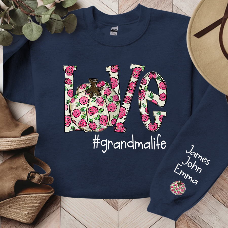 Personalized Love Pumpkin Flower Grandmalife And Grandkids Names Sweatshirt