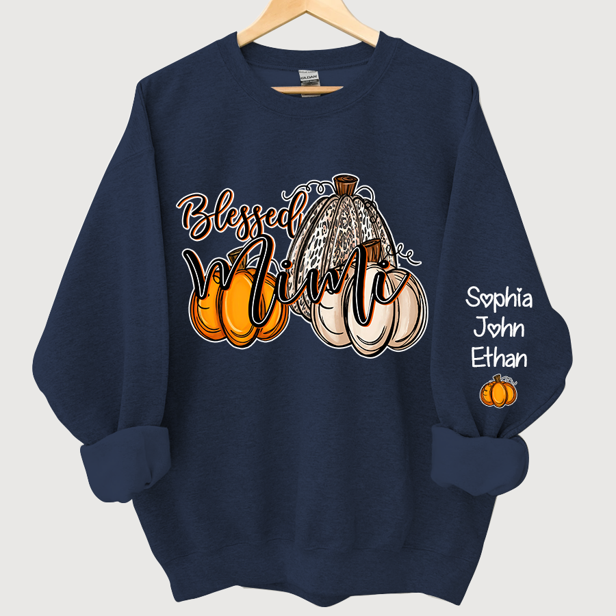 Blessed Mimi With Grandkids Names Thankful Fall Pumpkin Patch Sweatshirt