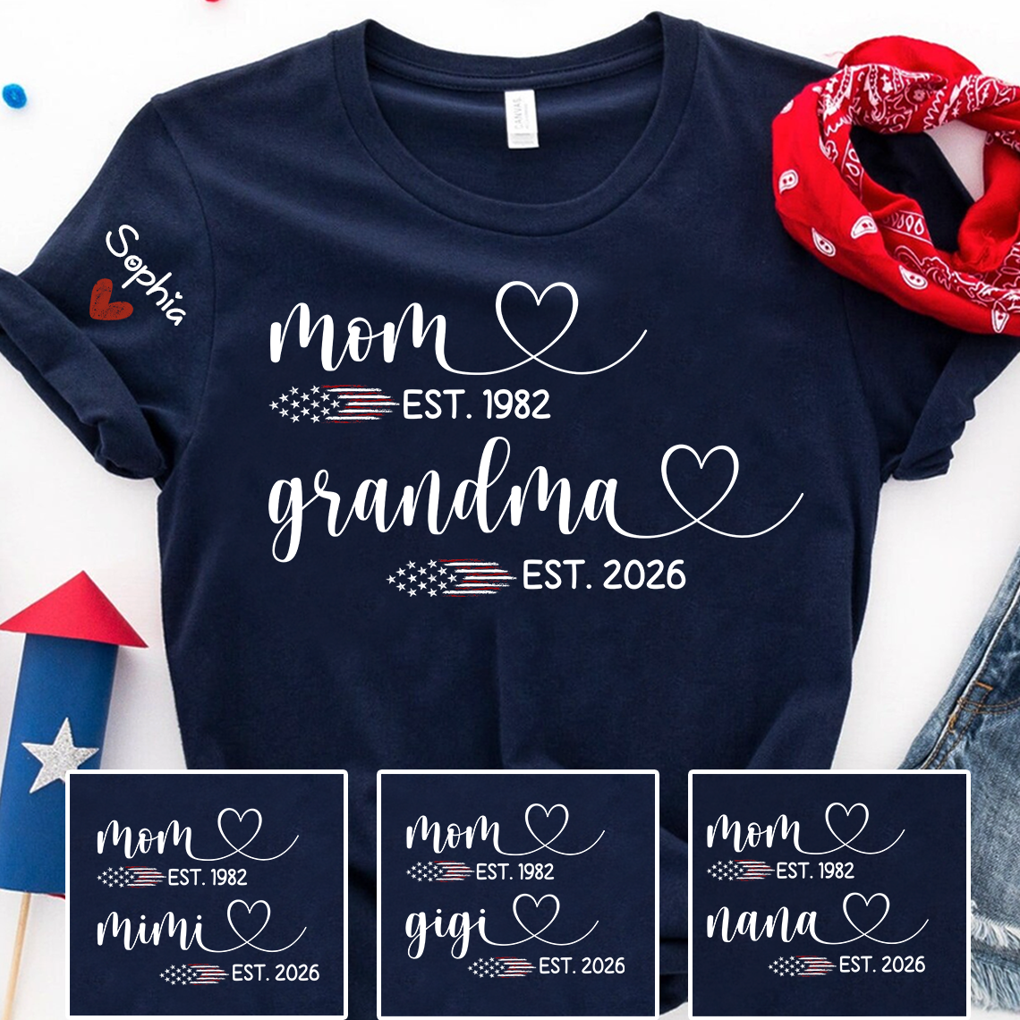 Personalized Mom & Grandma T-Shirt, Custom EST Year Design for Mom, Grandma, Mimi, Gigi, Nana, American Flag Hearts Graphic, Gifts for Mother's Day, 4th of July