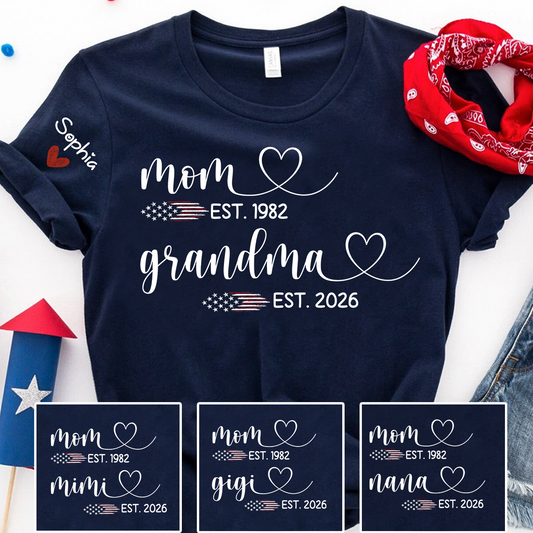Personalized Mom & Grandma T-Shirt, Custom EST Year Design for Mom, Grandma, Mimi, Gigi, Nana, American Flag Hearts Graphic, Gifts for Mother's Day, 4th of July