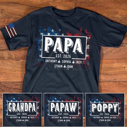 Personalized Papa EST Shirt Custom Kids Names Patriotic American Flag Design, First Time Dad Gift for Grandpa Father Birthday Fathers Day