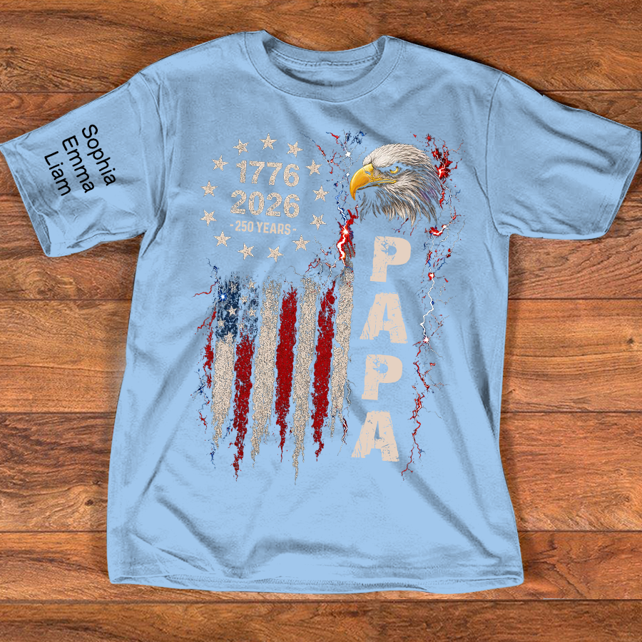 Personalized Papa Patriotic American Flag Shirt with Kids Names on Sleeve, Custom Grandpa Shirt, U.S. 250th Anniversary 250 Years of Freedom, Fathers Day Family Gift