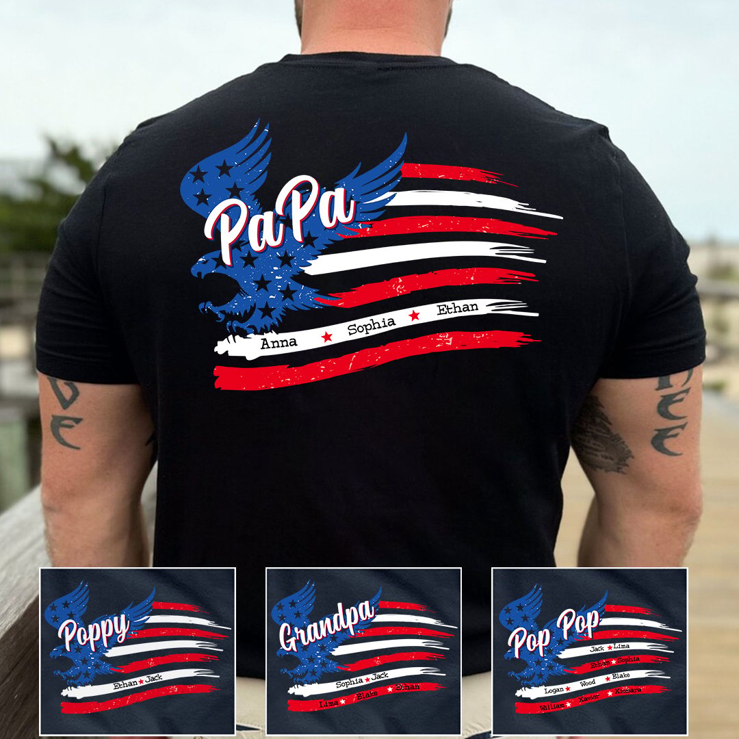Papa with Grandkids Names 4th Of July T-Shirt