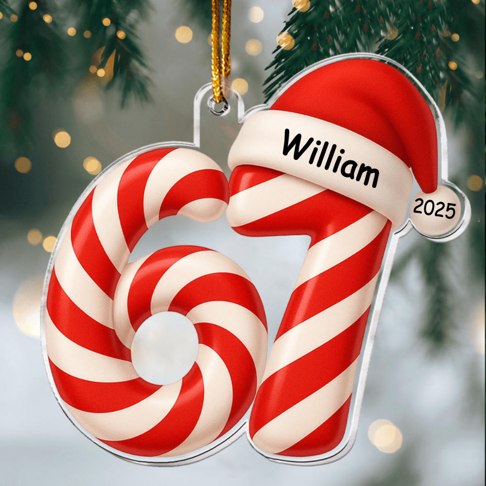 Personalized Six Seven Candy Cane Ornament 2025, Custom Acrylic Decoration, Funny Gen Z Gen Alpha Slang Christmas Gift For Kids And Teens Ornament