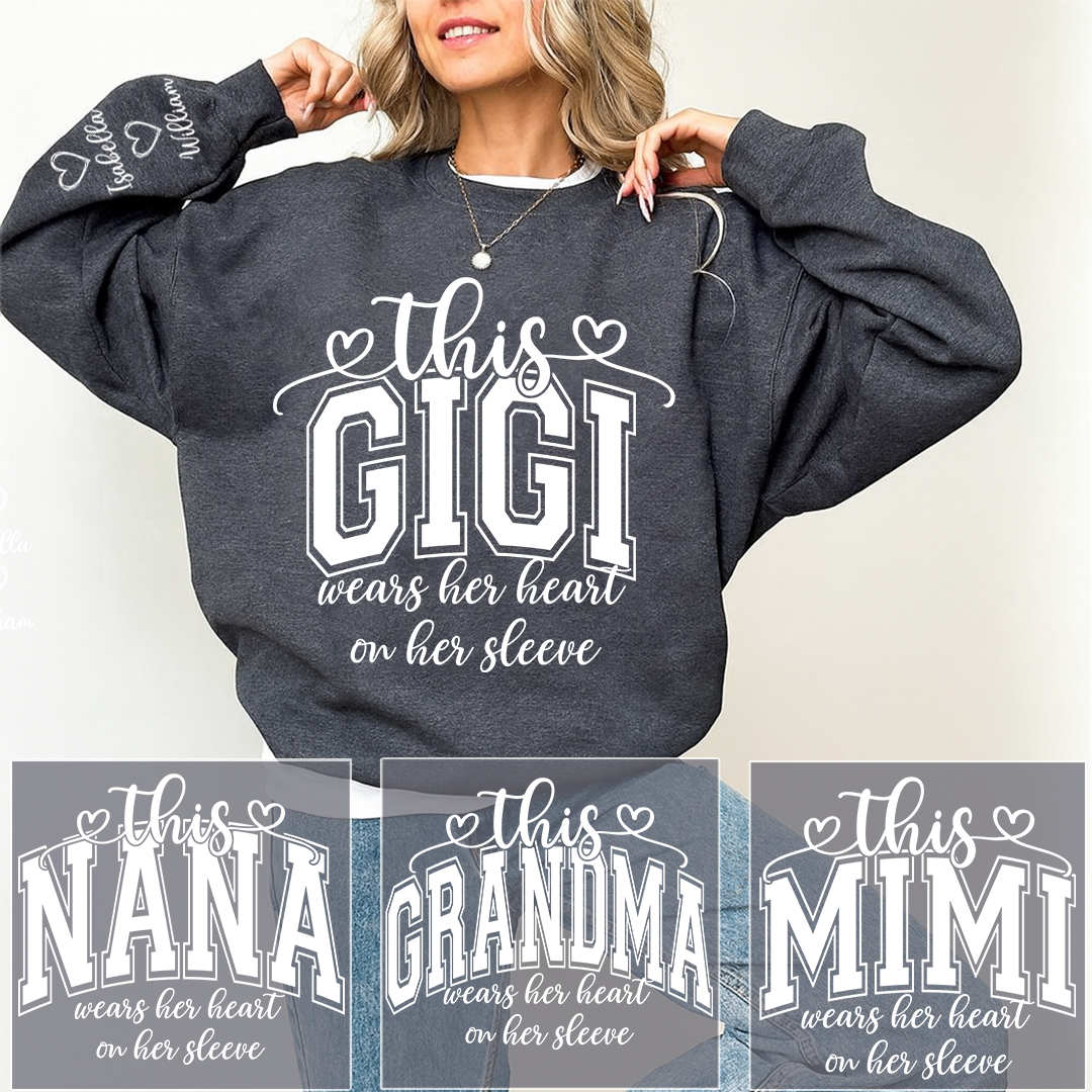 Personalized Grandma Sweatshirt, This Grandma Wears Her Heart On Her Sleeve Shirt with Grandkids’ Names, Custom Gift for Grandma Christmas