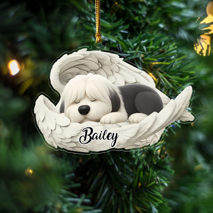 Custom Old English Sheepdog Angel Ornament – Personalized Sleeping Dog Christmas Gift for Dog Lovers, Pet Memorial Tree Decoration Ornament