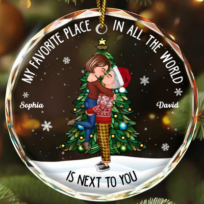 Christmas Couple Kissing My Favorite Place In All The World - Personalized Circle Glass Ornament Round Glass Ornament