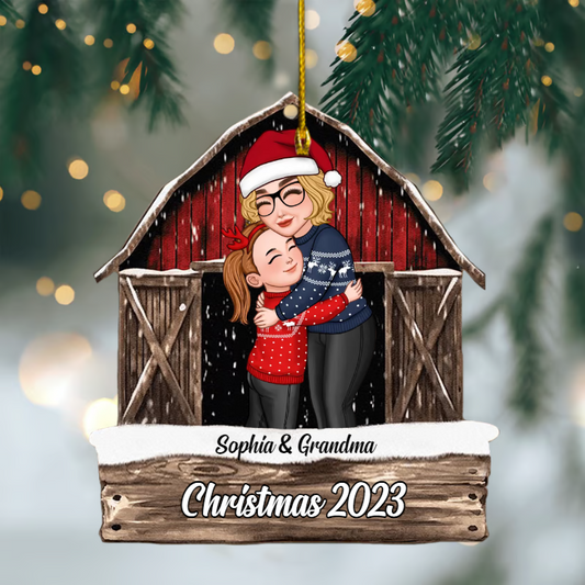 Custom Grandma & Grandkid Hugging At Red Barn Christmas Ornament