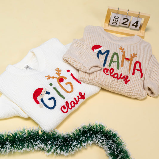 Custom Hand-Embroidered Christmas Knitted Sweater – Personalized Gigi Claus Sweater with Festive Design