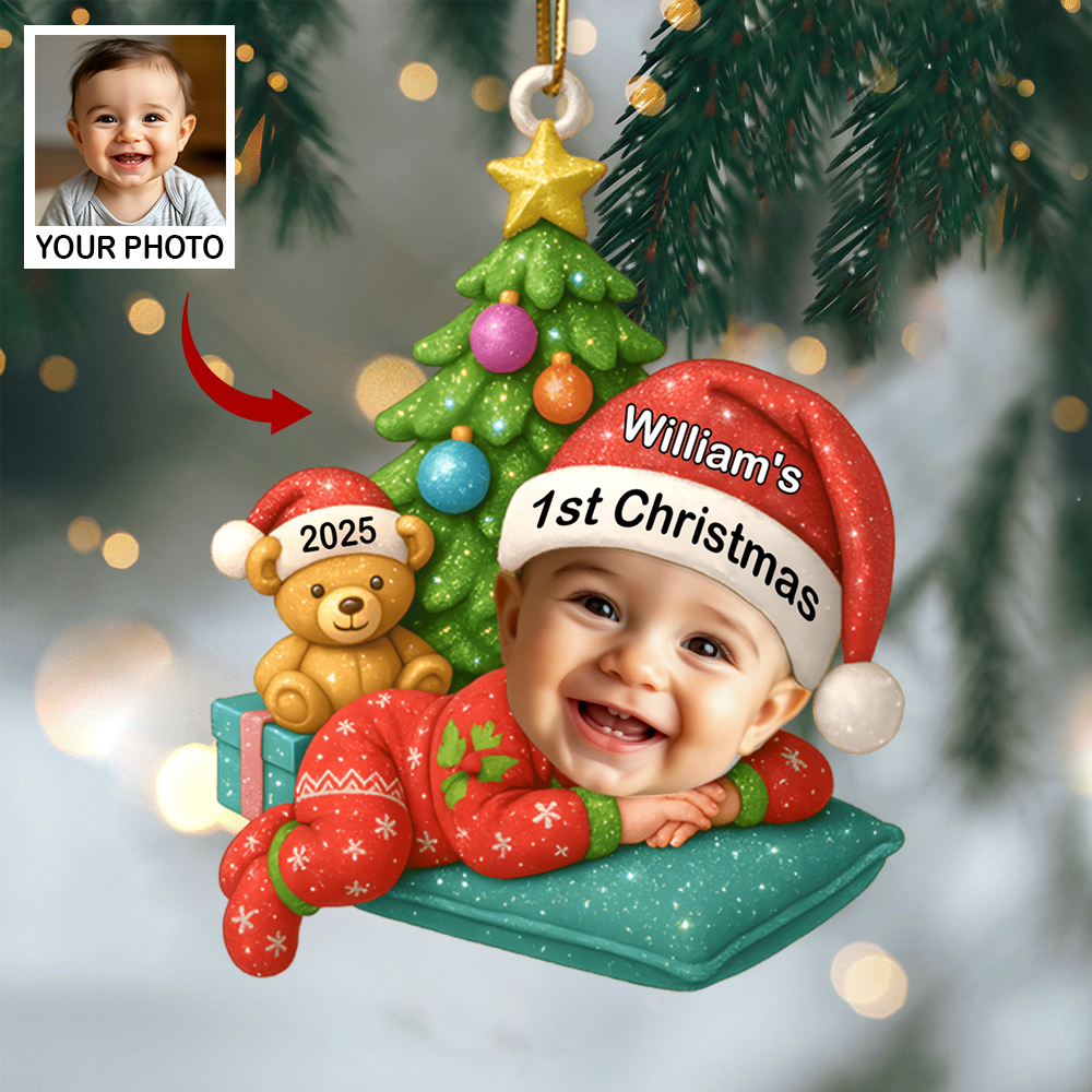 Personalized Baby’s First Christmas Ornament 2025 – Custom Photo Ornament with Name, Cute Baby & Teddy Design Ornament