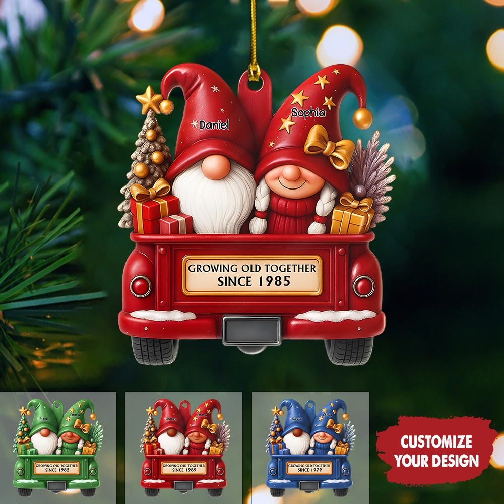 Personalized Couple Gnome Ornament 2025 – Custom Name & Year Growing Old Together Christmas Gift for Couples Ornament