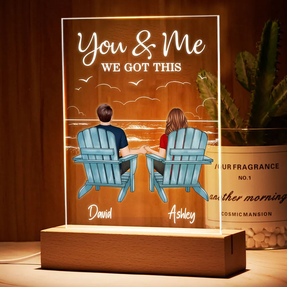 Personalized Couple LED Light Plaque with Back-View Beach Scene, Custom You & Me Romantic Gift for Anniversary or Birthday