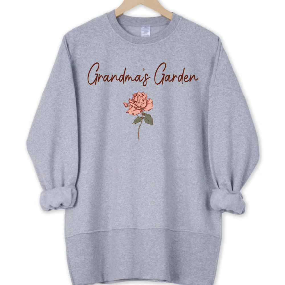 Personalized Grandma Garden Oversized Sweatshirt with Grandkids Names, Custom Floral Birth Flower Design, Cozy Pullover for Grandma, Family Name Keepsake Apparel