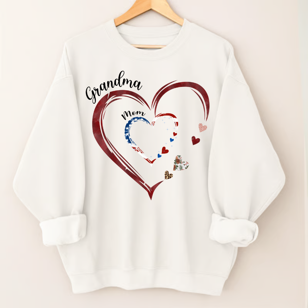 Personalized Generations Heart Sweatshirt – Grandma & Mom Custom Names – Double Heart Family Christmas Gift