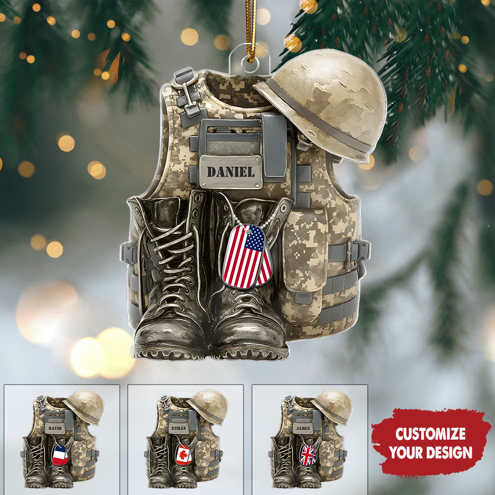 Personalized Military Ornament 2025 – Custom Name Army Vest and Helmet Christmas Ornament, Gift for Soldiers & Veterans Ornament