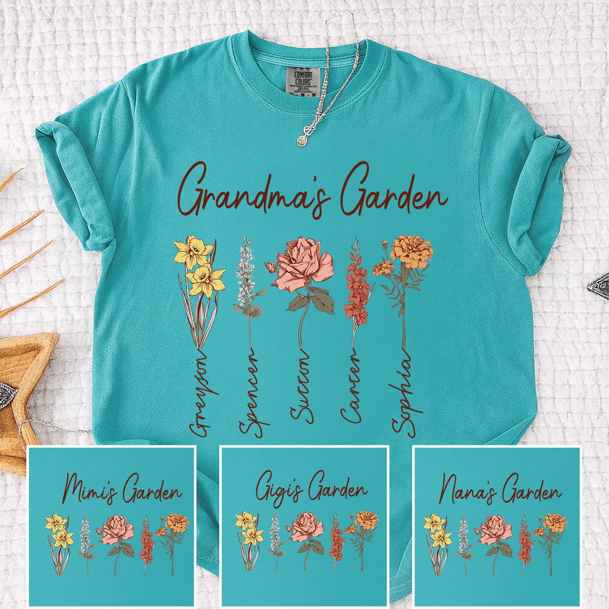 Comfort Colors Grandma's Garden Shirt, Personalized Floral Grandma T-Shirt with Grandkids' Names, Custom Flower Tee for Grandma, Mother's Day Gift