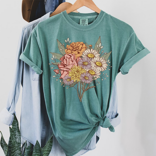 Custom Floral Bouquet T-Shirt, Personalized Flower Graphic Tee, Comfort Colors Vintage Botanical Shirt for Women Comfort Colors