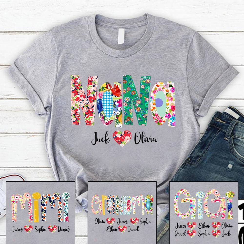 Custom Nana Floral Color And Grandkids  T-Shirt