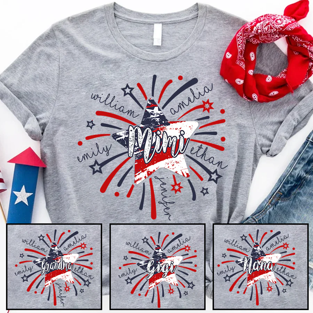 Personalized MIMI Fireworks America Flag Shirt – Custom Grandma Tee with Grandkids Names