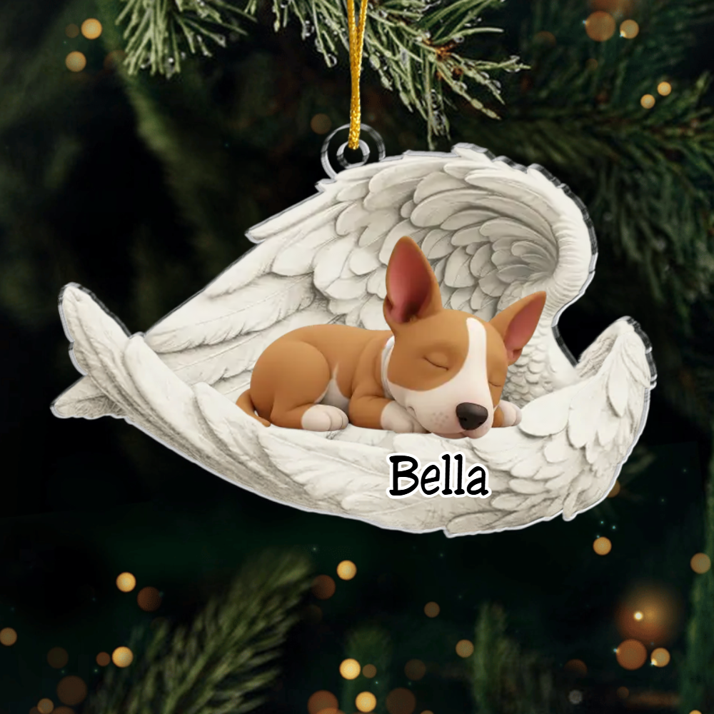 Custom Bull Terrier Angel Dog Ornament – Personalized Sleeping Dog Christmas Gift for Dog Lovers, Pet Memorial Tree Decoration Ornament
