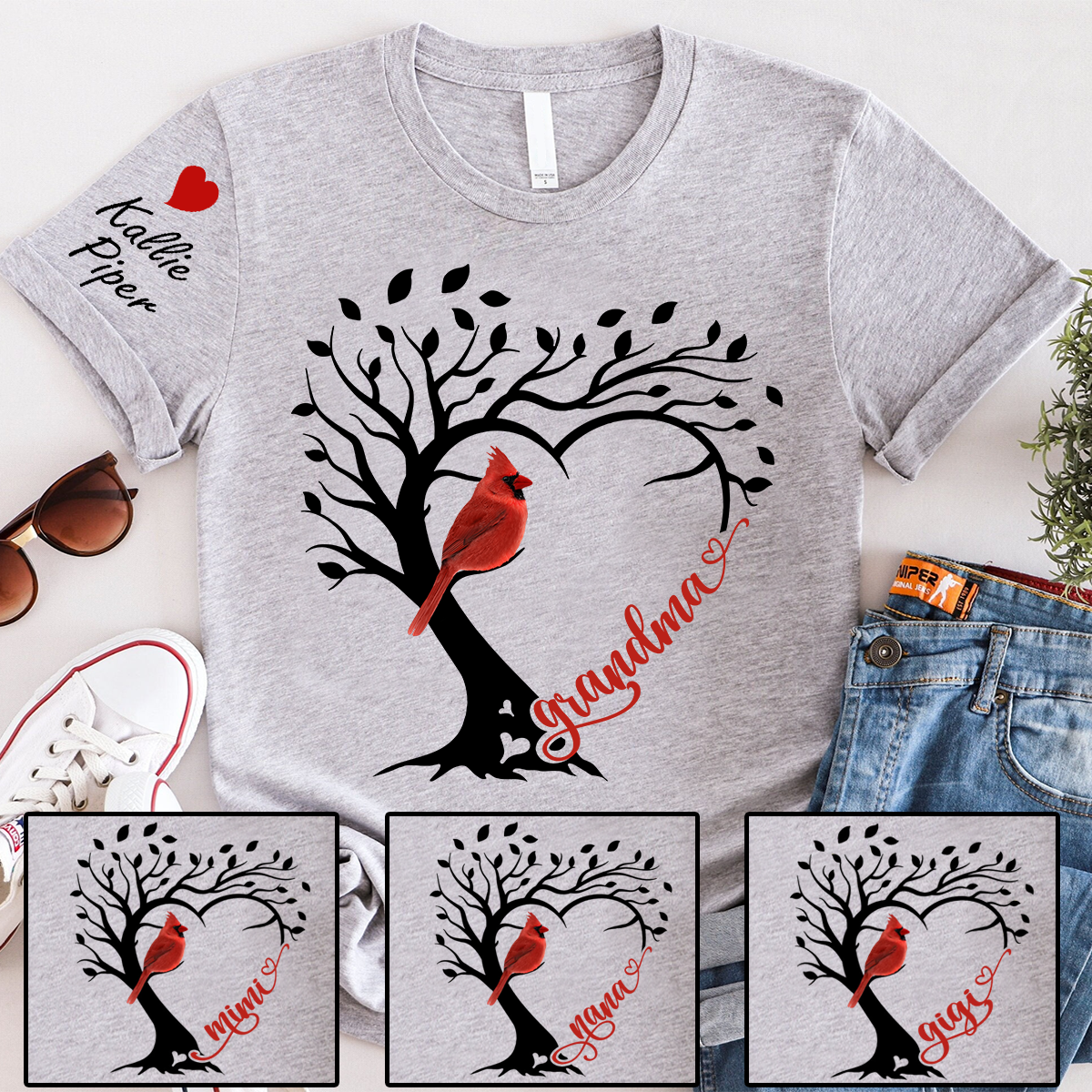 Personalized Grandma Cardinal Tree Heart T-Shirt, Personalized Grandma Gift, Customized Mother's Day Shirt, Grandchildren