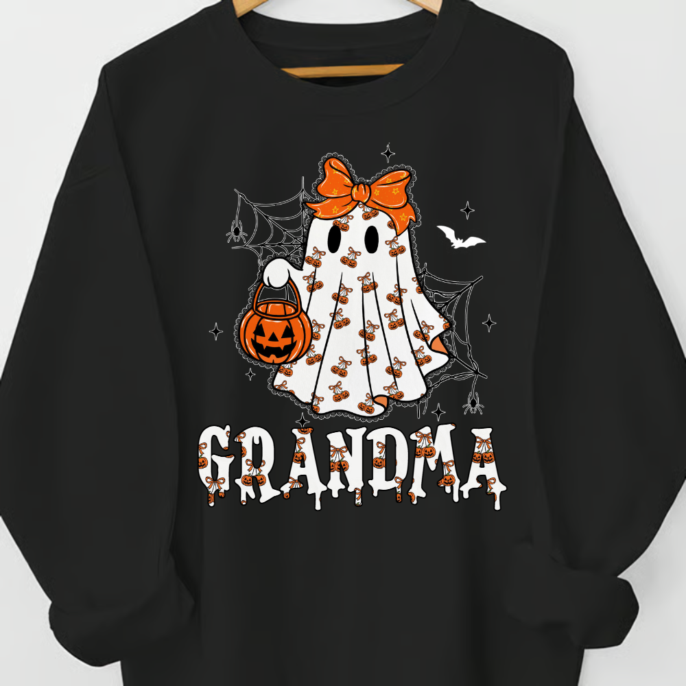 Personalized Halloween Grandma Sweatshirt – Cute Ghost with Grandkids’ Names and Pumpkin Trick-or-Treat Design