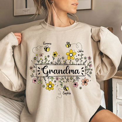 Personalized Grandma Bee Flower And Grandkids Sweatshirt