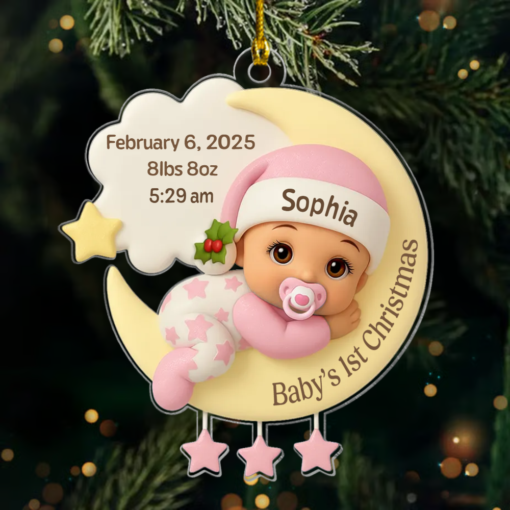 Personalized Baby In The Moon First Christmas Ornament 2025, Custom Acrylic Decoration, Heartwarming Newborn Keepsake Gift For New Parents Ornament